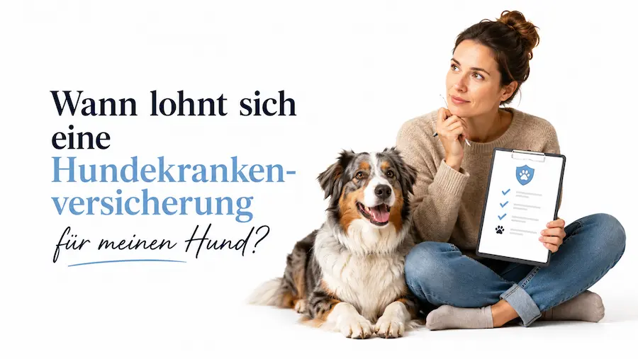 Frau sitzt mit ihrem Hund vor weißem Hintergrund und informiert sich über eine Hundekrankenversicherung.