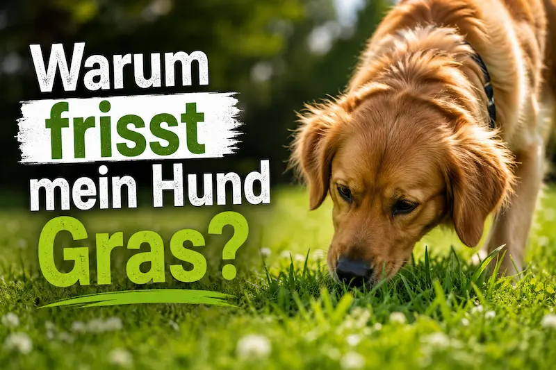 Golden Retriever schnuppert auf einer grünen Wiese neugierig an Gras mit der Frage, warum Hunde Gras fressen.