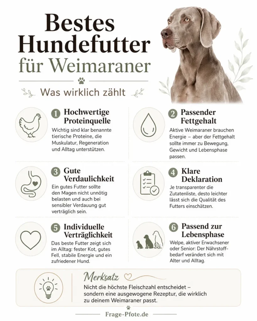 Infografik „Bestes Hundefutter für Weimaraner“ mit sechs Kriterien zu Proteinquelle, Fettgehalt, Verdaulichkeit, Deklaration, Verträglichkeit und Lebensphase.