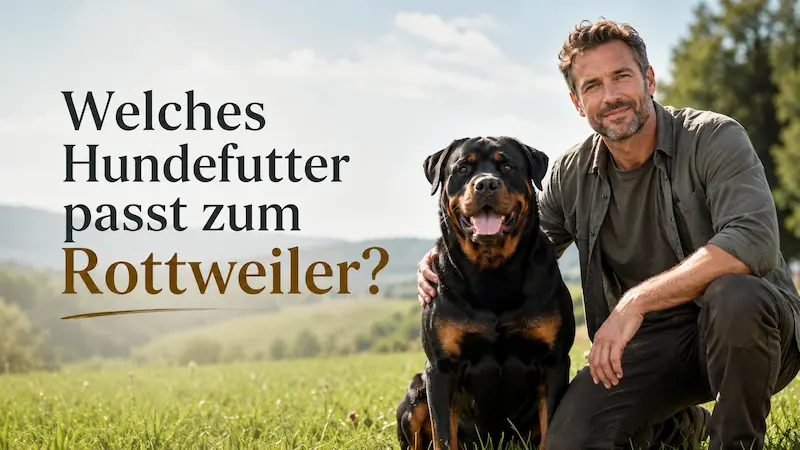 Rottweiler sitzt mit seinem Herrchen auf einer grünen Wiese, daneben steht die Überschrift „Welches Hundefutter passt zum Rottweiler?“.