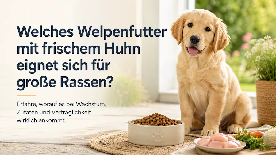 Golden-Retriever-Welpe neben einem Napf mit Trockenfutter und frischen Zutaten wie Huhn und Gemüse – Hero-Bild zum Thema Welpenfutter mit frischem Huhn für große Rassen.